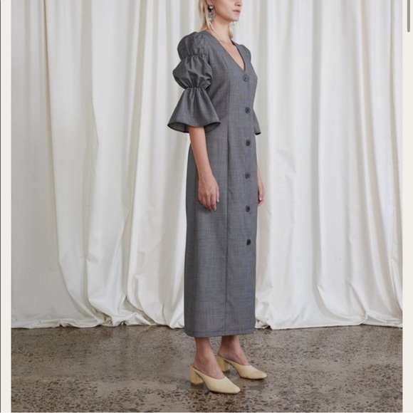 Ovna Ovich Kahlo Puff Sleeve Button Down Midi Dress in Slate Italian Wool - Picture 1 of 8